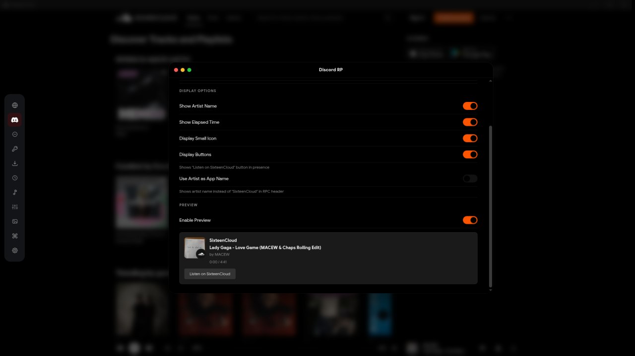 SixteenCloud Discord Rich Presence settings