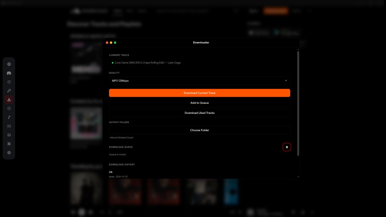 SixteenCloud download queue and history