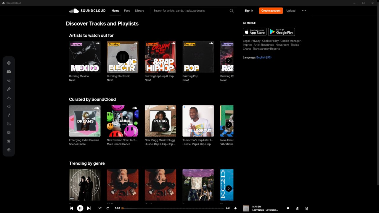 SixteenCloud Discover feed in the dark theme